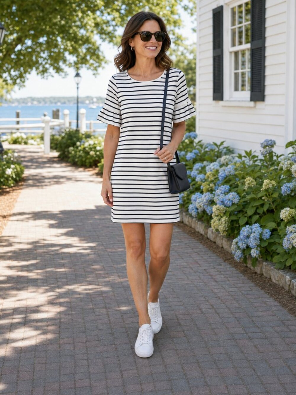 J.Crew Navy White Striped Ruffle Sleeve T-Shirt Dress Small 100% Cotton Nautical